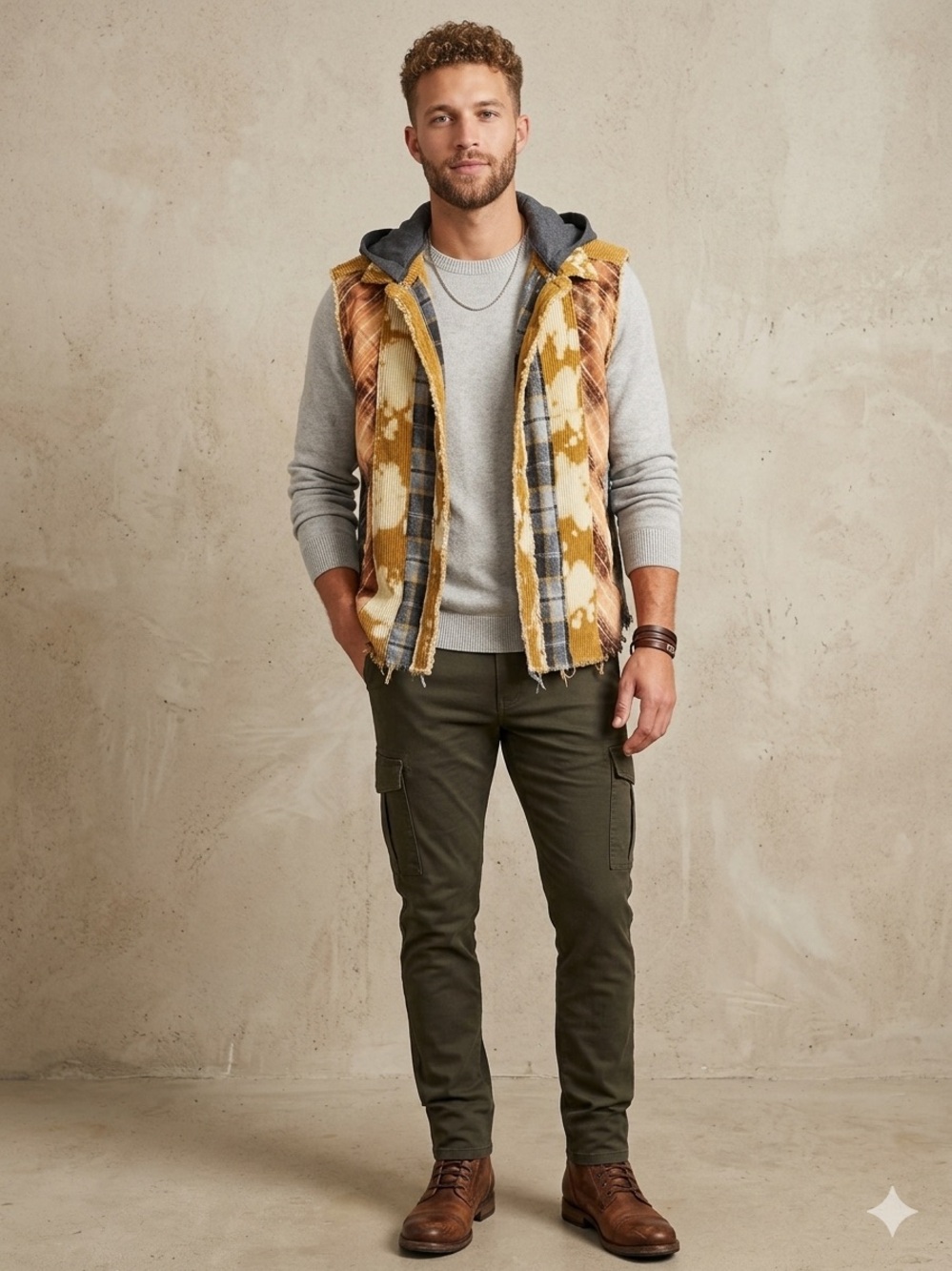 BKE‎ Men's Hooded Plaid Sherpa-Lined Vest in Mustard and Gray